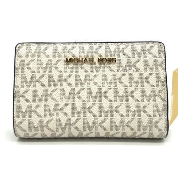 Michael Kors Medium Bifold Zip Chain Wallet Vanilla/Brown - Picture 1 of 9